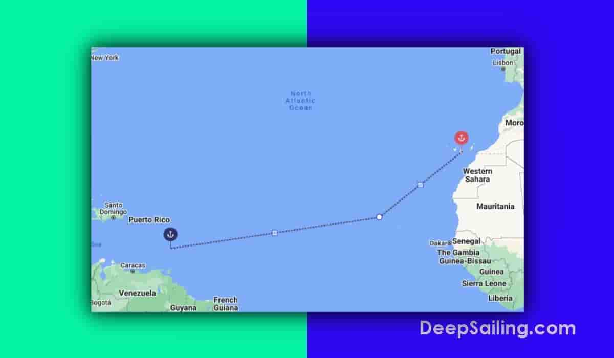 Sailing east to west route across Atlantic Ocean